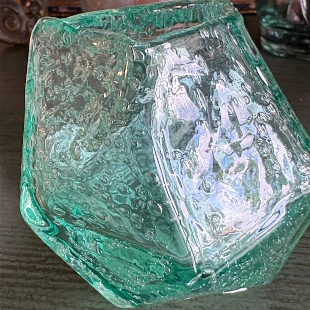 Aqua Teal Geometric Bubble Glass Vase Sculptural Modern Decor